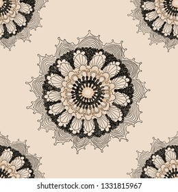 doodle mandala flowers seamless pattern in black ivory shades