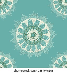 doodle mandala flowers seamless pattern in blue green shades