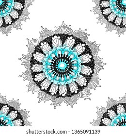 doodle mandala flowers seamless pattern in black blue ink
