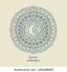 Doodle mandala with moon in its center, can be used for tattoo, sketch style vector illustration