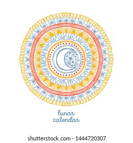 Doodle mandala with moon in its center, can be used for tattoo, colorful sketch style vector illustration