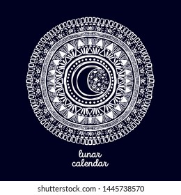 Doodle mandala with moon in its center, can be used for tattoo, sketch style vector illustration