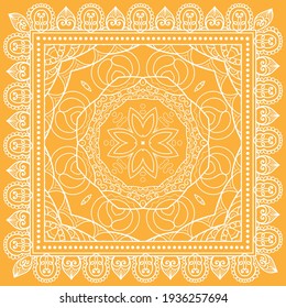 Doodle mandala ornament with lace frame border, arabic line pattern. Decorative hand drawn background. Bandanna shawl, hijab, tablecloth fabric print, silk neck scarf, kerchief design