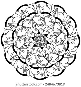 Doodle mandala with triangle motifs and swirls, abstract zen coloring page for activity for activity