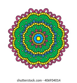 Doodle mandala. Vector ethnic floral mandala with hand drawn abstract ornament. Tribal amulet. Isolated. Yellow, blue, white, pink and green colors. Isolated.