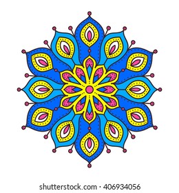 Doodle mandala. Vector ethnic floral mandala with hand drawn abstract ornament. Tribal amulet. Isolated. Yellow, blue, white, pink colors. Isolated.