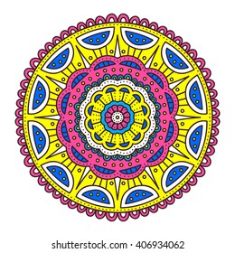 Doodle mandala. Vector ethnic floral mandala with hand drawn abstract ornament. Tribal amulet. Isolated. Yellow, blue, white, pink colors. Isolated.