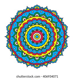 Doodle mandala. Vector ethnic floral mandala with hand drawn abstract ornament. Tribal amulet. Isolated. Yellow, blue, white, red and green colors. Isolated.