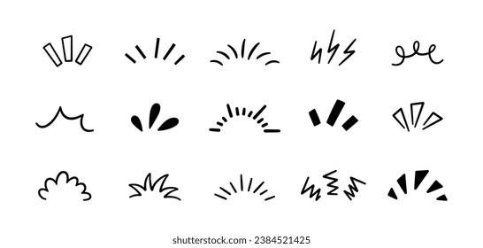 Doodle manga comic expression elements. Hand drawn shine sunburst ray. Doodle cartoon sparkle signs. Emotion effect design element. Sketch burst icon. Vector illustration isolated on white background.