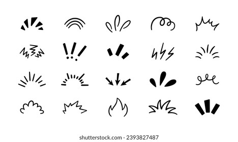 Doodle manga comic expression elements. Hand drawn shine sunburst ray. Doodle cartoon sparkle signs. Emotion effect design element. Sketch burst icon. Vector illustration isolated on white background.