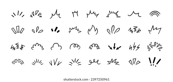 Doodle manga comic expression elements. Hand drawn shine sunburst ray. Doodle cartoon sparkle signs. Emotion effect design element. Sketch burst icon. Vector illustration isolated on white background.