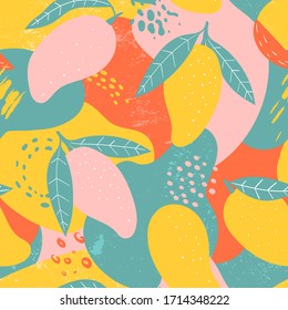  Doodle mango and abstract elements. Vector seamless pattern. Hand drawn illustrations.