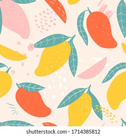  Doodle mango and abstract elements. Vector seamless pattern. Hand drawn illustrations.