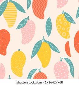 Doodle mango. Vector seamless pattern. Hand drawn illustrations.