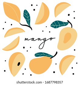 Doodle mango vector set. Hand drawn abstract tropical flat exotic fruits, slices and leaves. Summer healthy vegeterian food illustration. Tropical cute colorful plants for menu, cards, banner
