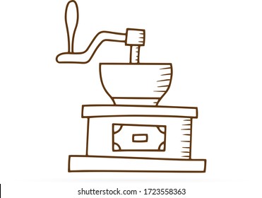 Doodle manuelle Kaffeemühle oder Mühle im Vintage-Stil einzeln auf Weiß. Handgezeichnete Linie Art. Outline Kaffeemaschine. Skizze, Vektorgrafik