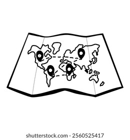 Doodle map illustration with marked locations using pins and dotted lines connecting them. Hand drawn a folded design and bold outlines.