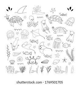 Doodle marine elements. Set of marine hand drawn icons on white background. Vector illustration with random elements. Design for prints and cards.