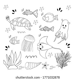 Doodle marine elements. Set of marine hand drawn icons on white background. Vector illustration with random elements. Design for prints and cards.