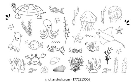 Doodle marine elements. Set of marine hand drawn icons on white background. Vector illustration with random elements. Design for prints and cards.
