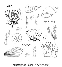 Doodle marine elements. Set of marine hand drawn icons on white background. Vector illustration with random elements. Design for prints and cards.