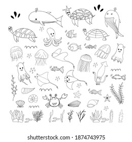 Doodle marine elements. Set of marine hand drawn icons on white background. Vector illustration with random elements. Design for prints and cards.