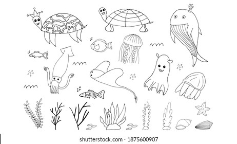 Doodle marine elements. Set of marine hand drawn icons on white background. Vector illustration with random elements. Design for prints and cards.