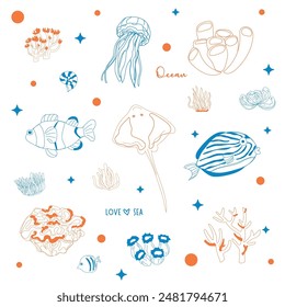 Doodle Marine Life Illustration for Kids.