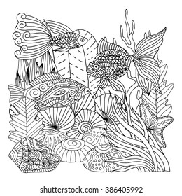 Doodle marine life pattern. Zentangle style background fot coloring books