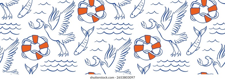 Doodle marine pattern with seagull, sardine, lifebuoy and waves. Background for textiles, packaging, kids product. Hand drawn blue vector illustration with whimsical ocean mood and coastal charm.