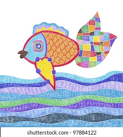 doodle marker drawing of fish and water