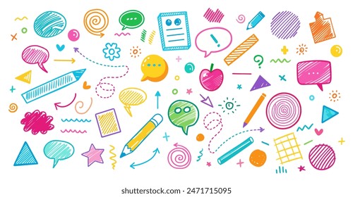 Doodle marker drawn school element, crayon, texture, bubble speech, arrows, books, education, pencil, pen, star, lines, vector illustration