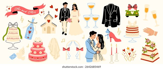 Doodle marriage ceremony. Wedding celebration invitation card elements with bride and groom, romantic love event with cake and champagne. Vector wedding party set.