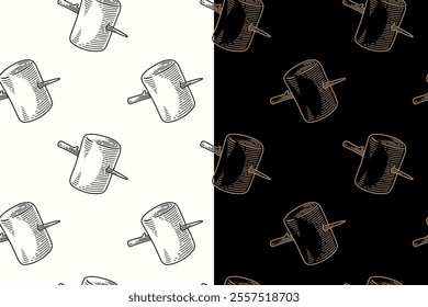 doodle marshmallow snack on stick seamless pattern on black white background for print on packaging, merchandise.  retro marshmallow icon pattern background. pattern of marshmallow vector background