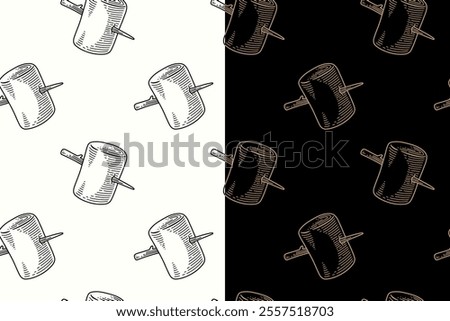 doodle marshmallow snack on stick seamless pattern on black white background for print on packaging, merchandise.  retro marshmallow icon pattern background. pattern of marshmallow vector background