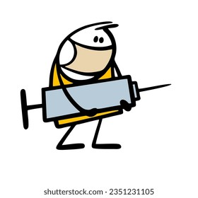 Doodle masked doctor holds a huge syringe with a vaccine against the virus and disease. Vector illustration of salvation from the epidemic and pandemic. Funny person isolated on white background.