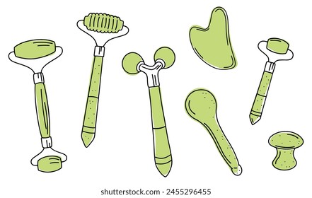 Doodle masaje y herramientas faciales para el cuidado de la piel. Un rodillo, agua sha, dispositivos de masaje, un masajeador en forma de cuchara. Mejorar la circulación, aliviar la tensión y ayudar en las rutinas de cuidado de la piel. Conjunto dibujado a mano.