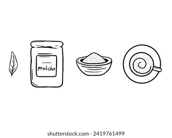 Doodle Matcha tea elements. Japanese tea accessories. Doodle green tea illustration	