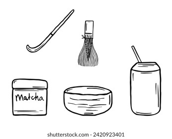 Doodle Matcha tea elements. Japanese green tea illustrations set