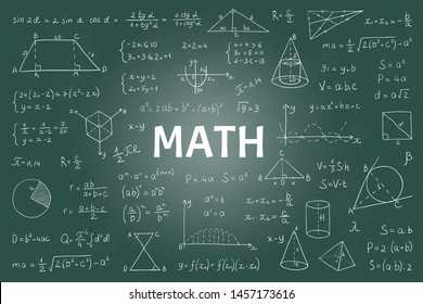 Doodle math blackboard. Mathematical theory formulas and equations, hand drawn school education graphs. Vector illustration board model with geometry signs and equations