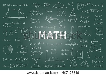 Doodle math blackboard. Mathematical theory formulas and equations, hand drawn school education graphs. Vector illustration board model with geometry signs and equations Foto d'archivio © 