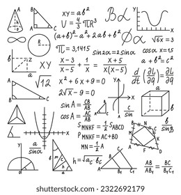 Matemáticas Doodle, matemáticas de fórmula y matemáticas garabatean los deberes. Diversos gráficos y formas de geometría, fórmula física de colección de vectores neotericos