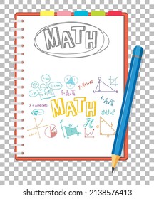 Doodle math formula on notebook page with pencil on grid backgroun illustration