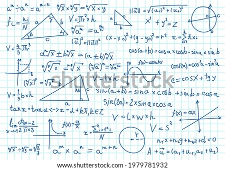 Doodle math formulas. Handwritten mathematical equations, schemes on notebook squared paper. Algebra or geometry calculations vector set. College, school or university lecture notes