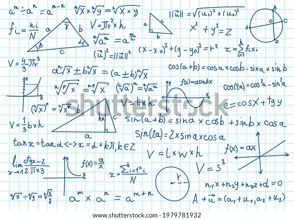 Doodle\
math formulas. Handwritten mathematical equations, schemes on\
notebook squared paper. Algebra or geometry calculations vector\
set. College, school or university lecture\
notes