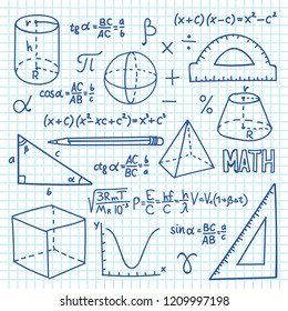 Doodle maths and geometry concept. Trigonometry functions, charts and mathematical formulas. Vector school education background