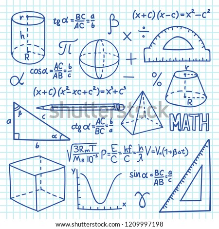 Doodle maths and geometry concept. Trigonometry functions, charts and mathematical formulas. Vector school education background