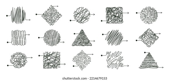 Líneas de laberinto de Doodle, garabatos caóticos y desordenados. Complicado proceso de pensamiento, mente confundida garabateando la ilustración vectorial plana set. Colección de líneas de flecha del mapa del caos