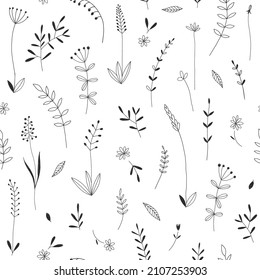 Doodle meadow plants vector seamless pattern. Boho floral background. Line art style herbs design for nursery and baby textile.