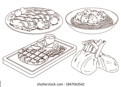 Doodle of meat main dish collection, grilled chicken breast, meatball pasta, grilled steak, lamb rack